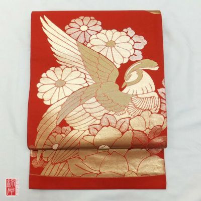 正絹袋帯　六通柄 赤・朱地に花柄 振袖用
