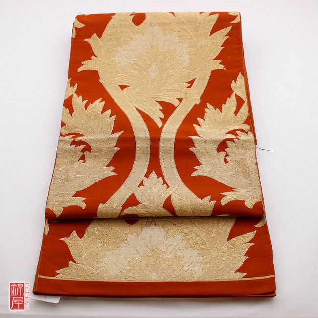 正絹　袋帯　六通柄　良品 赤・朱地に木の葉・植物柄_画像1