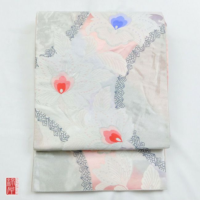 正絹　袋帯　六通柄　良品 ピンク地に花柄_画像1