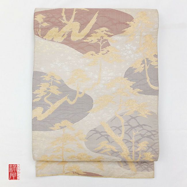 正絹　袋帯　六通柄 多色使い地に木の葉・植物柄_画像1