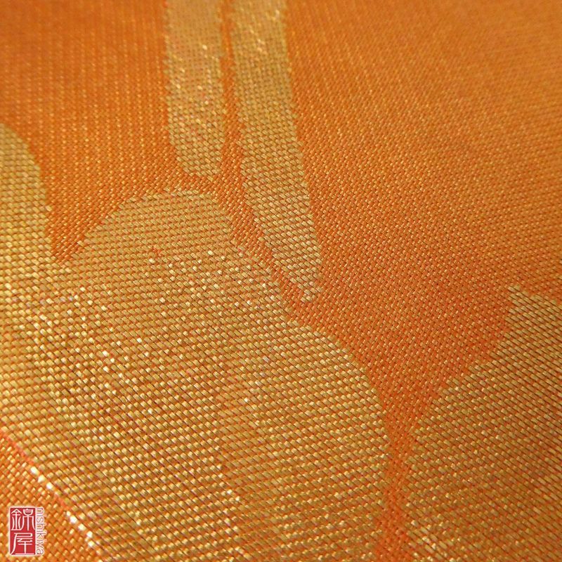 九寸名古屋帯 正絹 名古屋仕立て 六通柄 良品 橙地に木の葉・植物柄_画像3