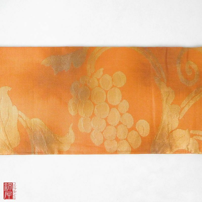 九寸名古屋帯 正絹 名古屋仕立て 六通柄 良品 橙地に木の葉・植物柄_画像9