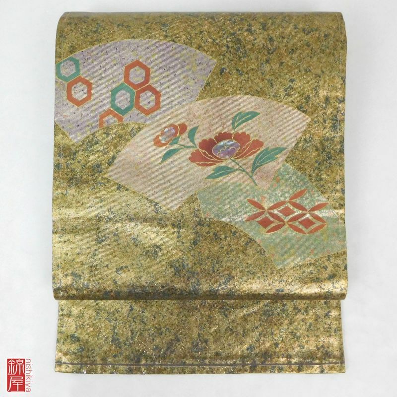 九寸名古屋帯 金箔 螺鈿風光彩 正絹 太鼓柄 名古屋仕立て 良品_画像1