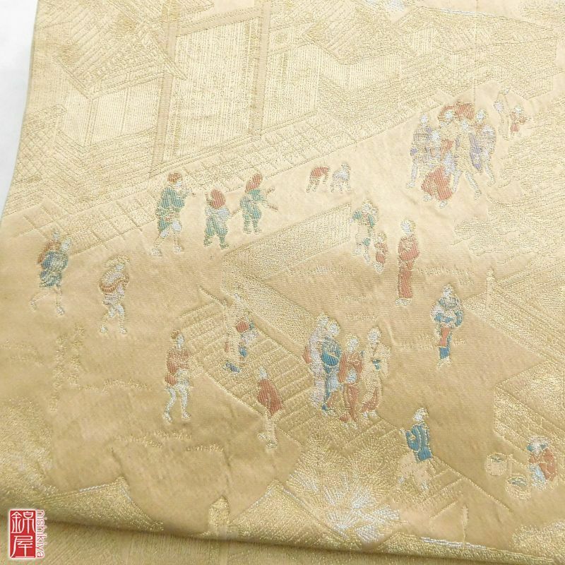袋帯 金彩 六通柄 正絹 良品 黄・黄土色地に風景柄_画像2