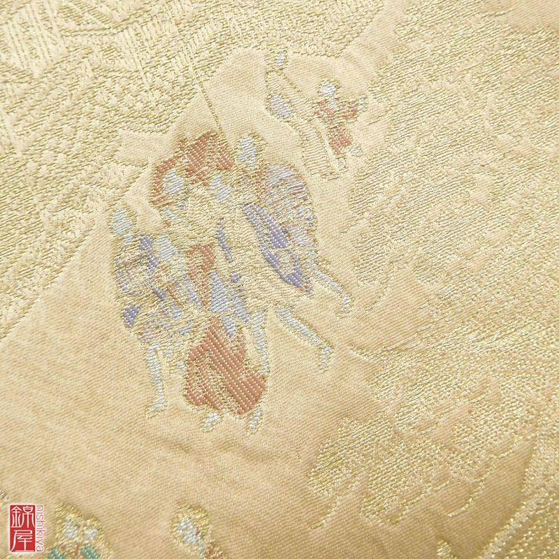 袋帯 金彩 六通柄 正絹 良品 黄・黄土色地に風景柄_画像4