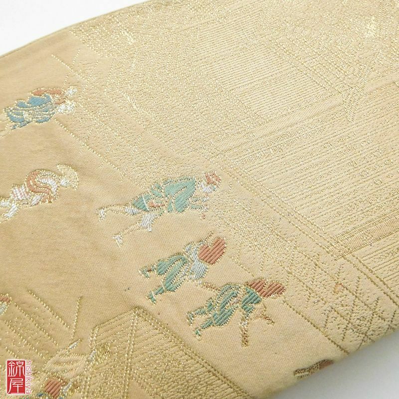 袋帯 金彩 六通柄 正絹 良品 黄・黄土色地に風景柄_画像10