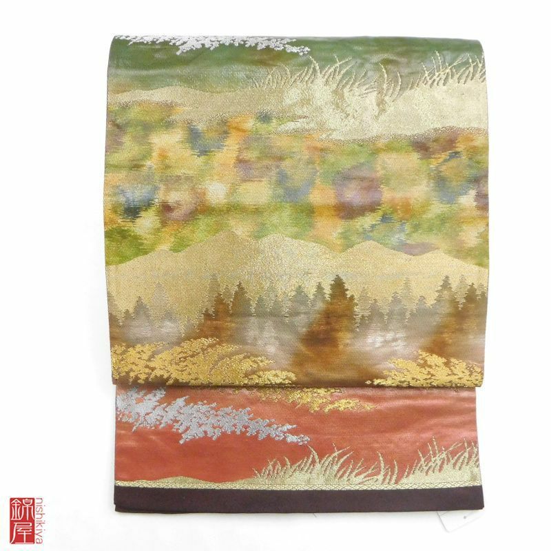 袋帯 六通柄 正絹 良品 多色使い地に風景柄_画像1