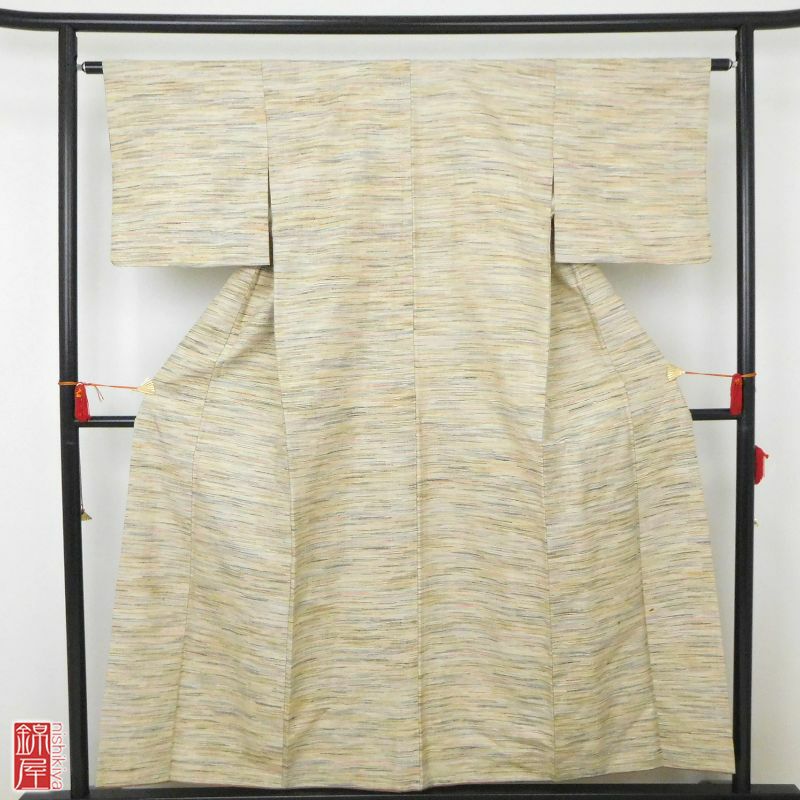 紬 正絹 ベージュ地に縞柄・線柄_画像1