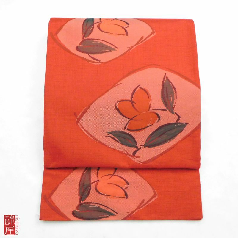 袋帯 六通柄 正絹 良品 赤・朱地に花柄 一般用_画像1
