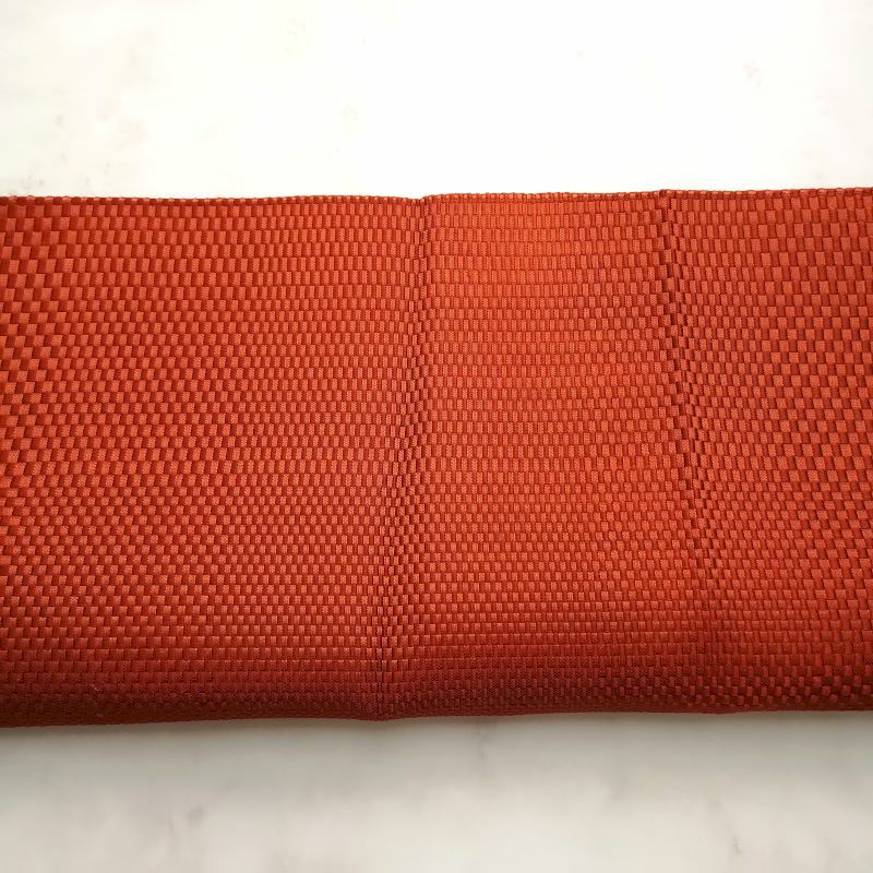 八寸名古屋帯 全通柄 松葉仕立て 正絹 美品 橙地にチェック・格子柄_画像7