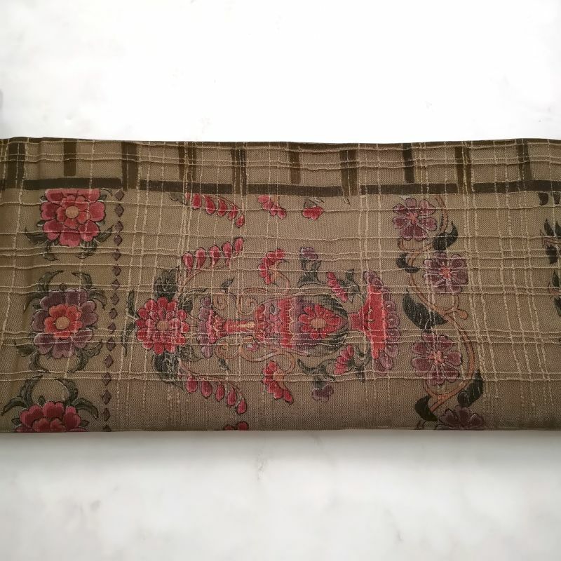 袋帯 全通柄 正絹 良品 茶地に花柄・チェック・格子柄 一般用_画像8