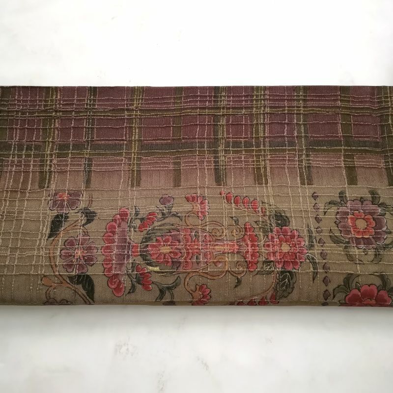 袋帯 全通柄 正絹 良品 茶地に花柄・チェック・格子柄 一般用_画像10