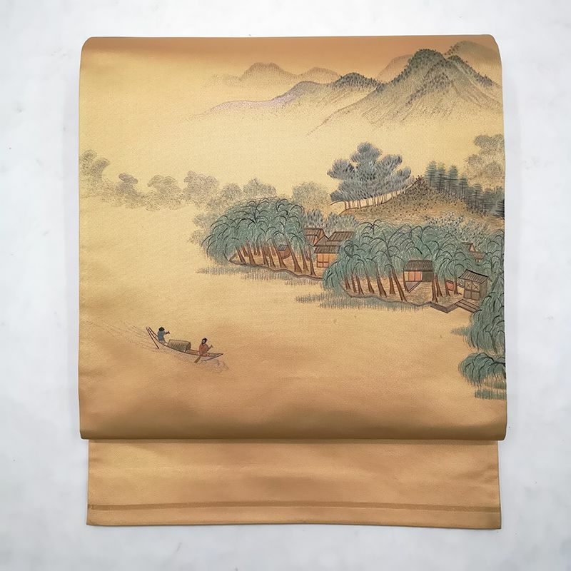 袋帯 刺繍 太鼓柄 正絹 橙地に風景柄 一般用_画像1
