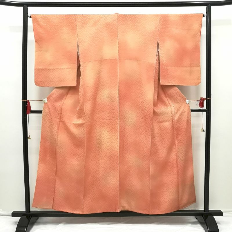 附下小紋 正絹 橙地に流水・波柄_画像1