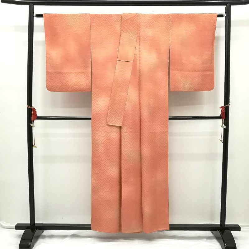 附下小紋 正絹 橙地に流水・波柄_画像2