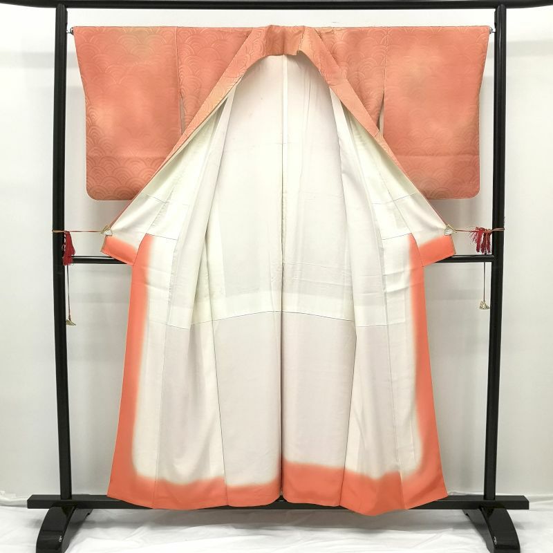 附下小紋 正絹 橙地に流水・波柄_画像3