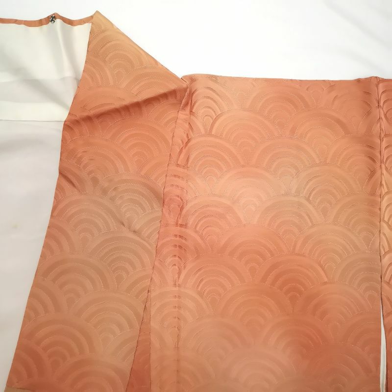 附下小紋 正絹 橙地に流水・波柄_画像6