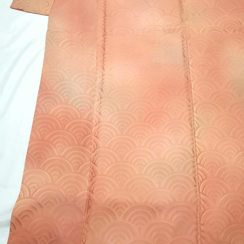 附下小紋 正絹 橙地に流水・波柄_画像8