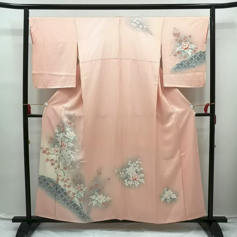 附下 刺繍 正絹 ピンク地に花柄_画像1