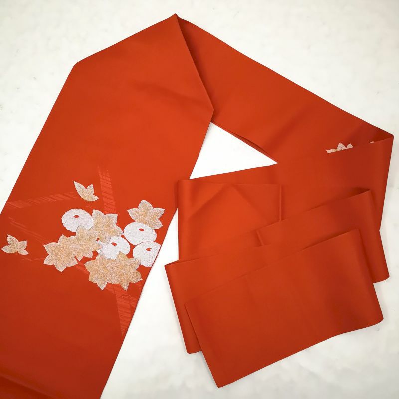 八寸名古屋帯 太鼓柄 名古屋仕立て レーヨン 良品 橙地に花柄・木の葉・植物柄_画像5