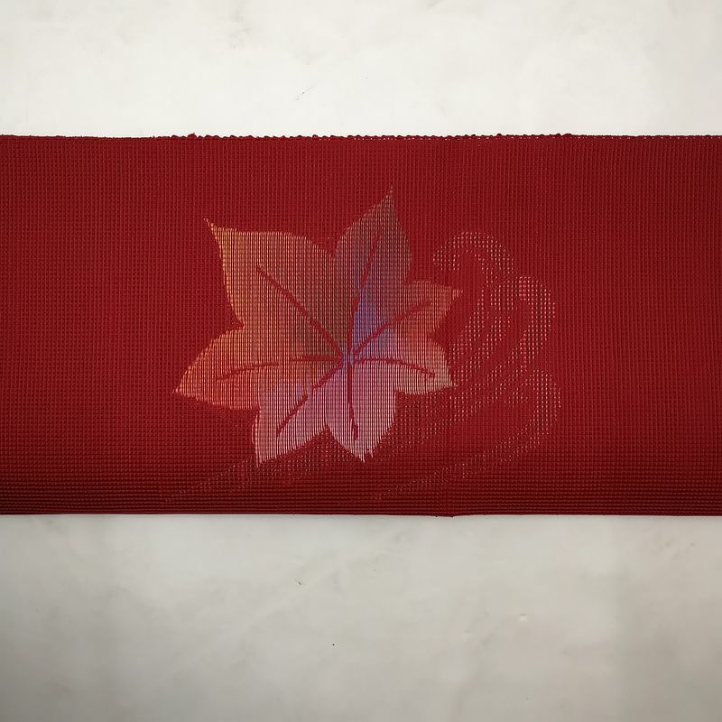 八寸名古屋帯 太鼓柄 松葉仕立て 化繊 良品  赤・朱地に木の葉・植物柄_画像6
