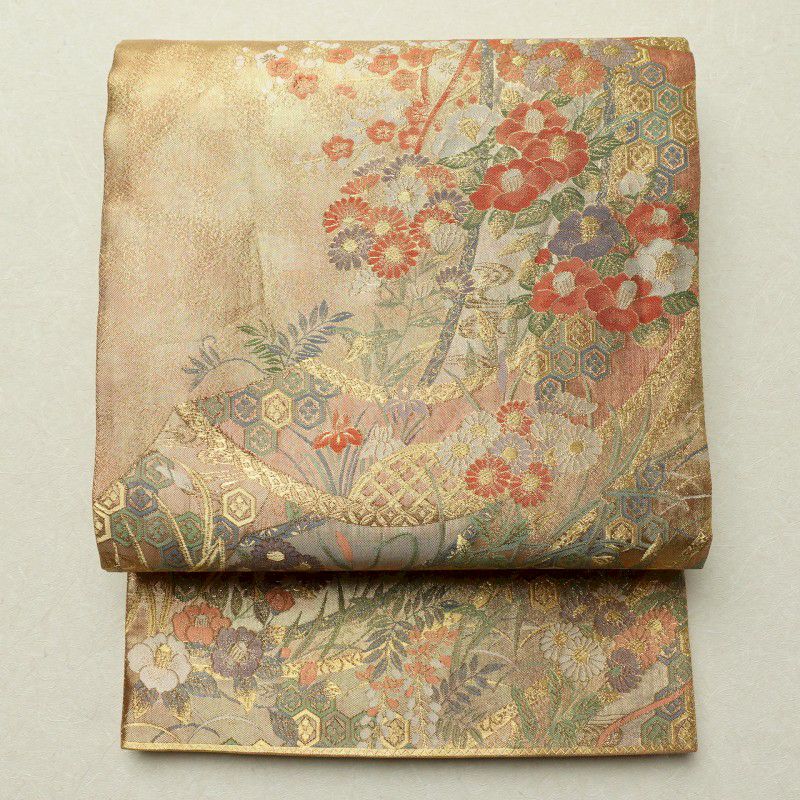 袋帯 全通柄 美品 フォーマル用 正絹 花柄 金・銀_画像1