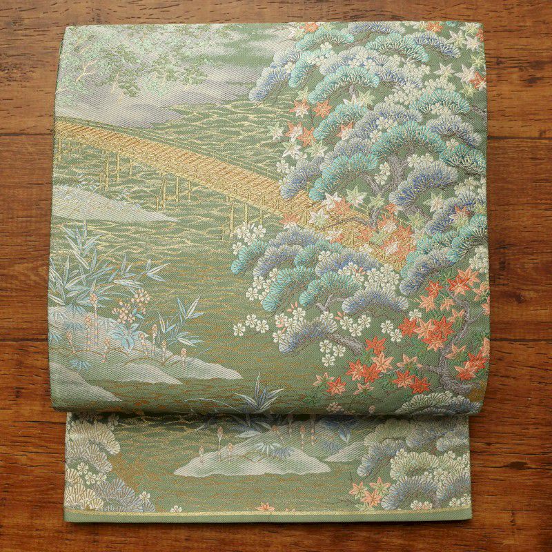 袋帯 六通柄 美品 フォーマル用 正絹 風景柄 緑・うぐいす色_画像1