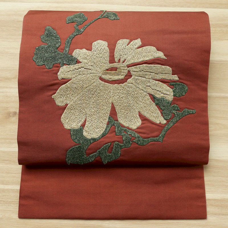 名古屋帯 刺繍 太鼓柄 正絹 花柄 名古屋仕立て 小豆・エンジ_画像1