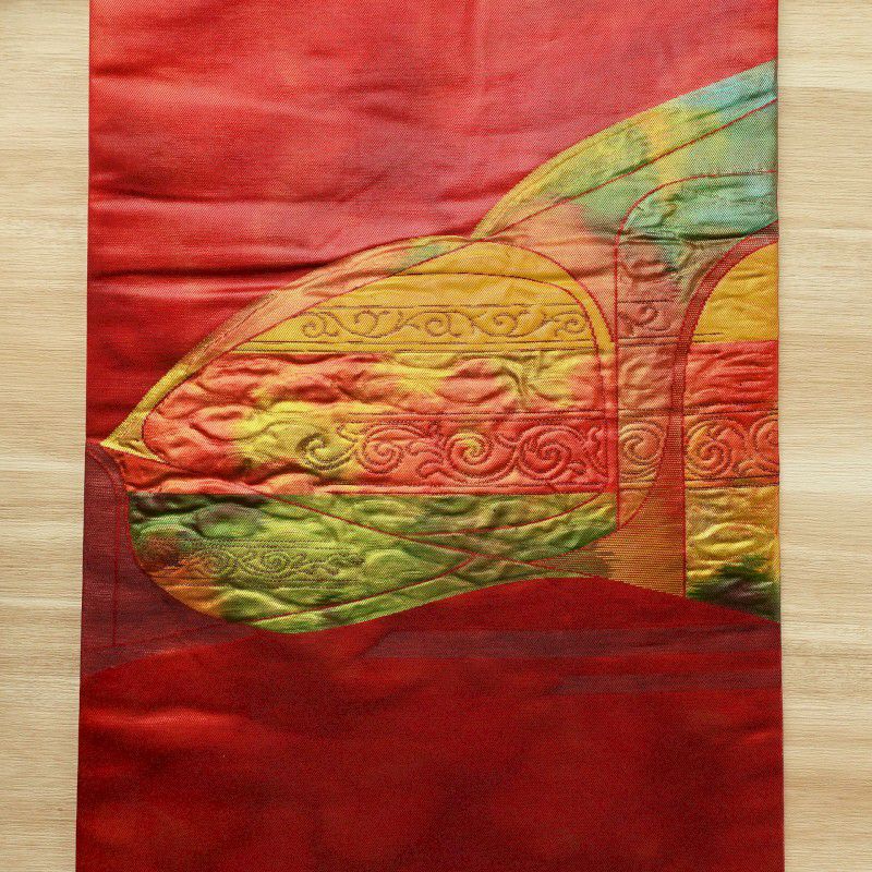 名古屋帯 ふくれ織　太鼓柄 正絹 幾何学柄・抽象柄 名古屋仕立て 赤・朱_画像6