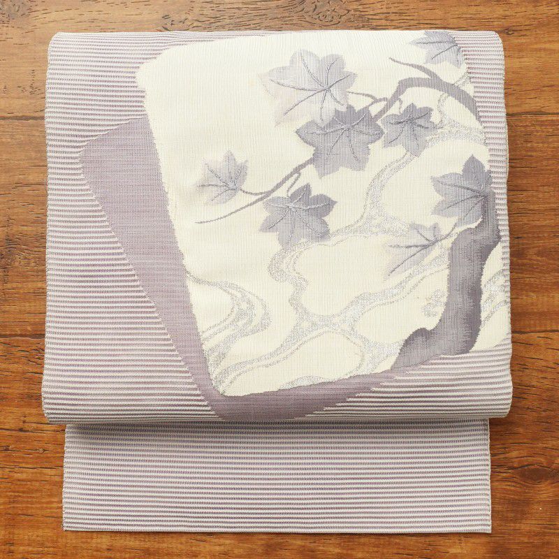 名古屋帯 太鼓柄 正絹 木の葉・植物柄 通し仕立て 紫・藤色_画像1