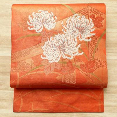 名古屋帯 太鼓柄 正絹 木の葉・植物柄 名古屋仕立て 刺繍 古典 松 菊