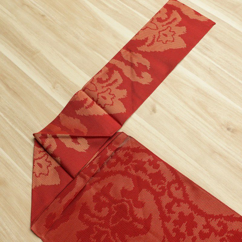 名古屋帯 全通柄 良品 正絹 幾何学柄・抽象柄 松葉仕立て 赤・朱_画像9