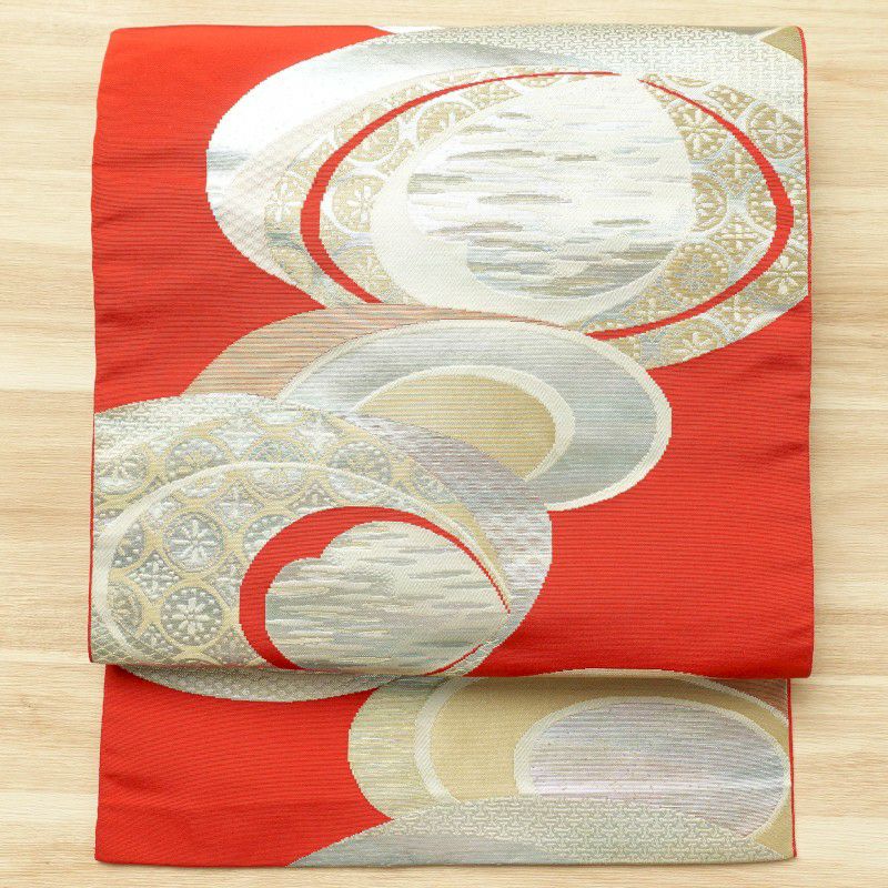 名古屋帯 六通柄 正絹 幾何学柄・抽象柄 名古屋仕立て 赤・朱_画像1