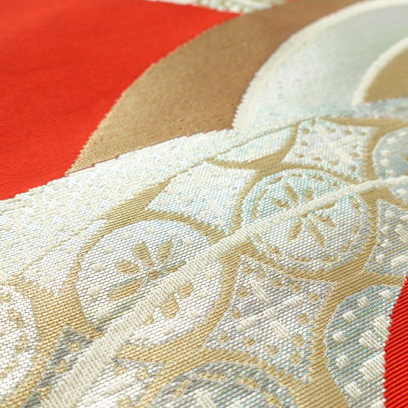 名古屋帯 六通柄 正絹 幾何学柄・抽象柄 名古屋仕立て 赤・朱_画像3