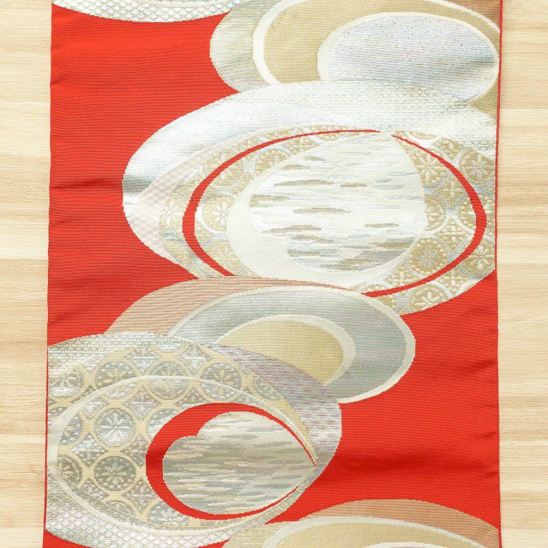 名古屋帯 六通柄 正絹 幾何学柄・抽象柄 名古屋仕立て 赤・朱_画像6