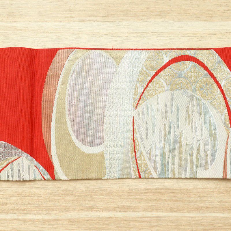 名古屋帯 六通柄 正絹 幾何学柄・抽象柄 名古屋仕立て 赤・朱_画像9