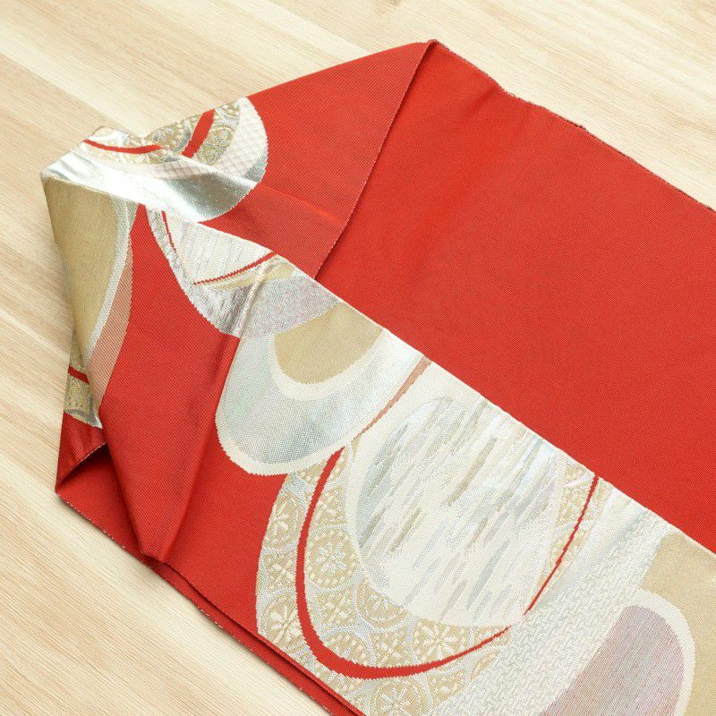 名古屋帯 六通柄 正絹 幾何学柄・抽象柄 名古屋仕立て 赤・朱_画像12