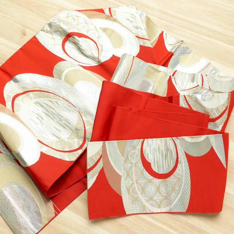 名古屋帯 六通柄 正絹 幾何学柄・抽象柄 名古屋仕立て 赤・朱_画像13