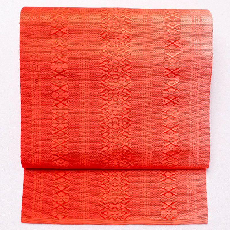 名古屋帯 正絹 縞柄・線柄 通し仕立て 赤・朱_画像1