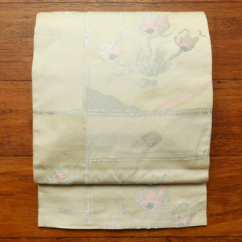 袋帯 六通柄 一般用 正絹 花柄 クリーム_画像1