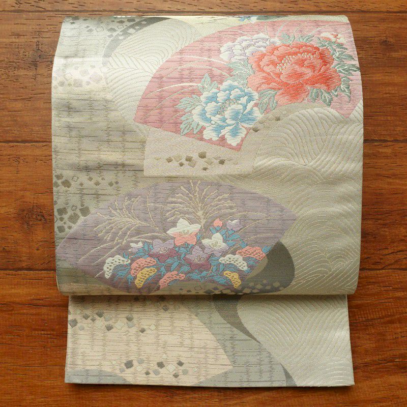 袋帯 六通柄 フォーマル用 正絹 花柄 クリーム_画像1