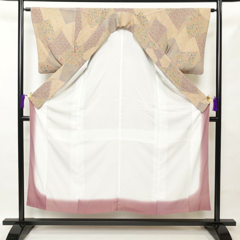 小紋 縮緬 正絹 幾何学柄・抽象柄 袷仕立て ベージュ_画像3