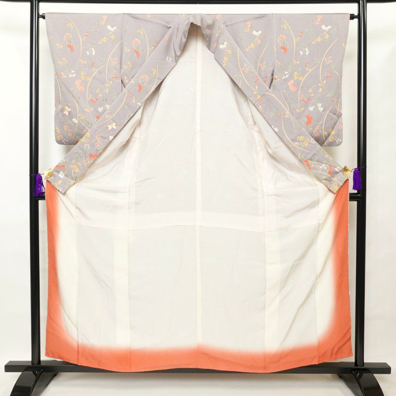 小紋 付下げ小紋 梨地 ポリエステル 花柄 袷仕立て 紫・藤色_画像3