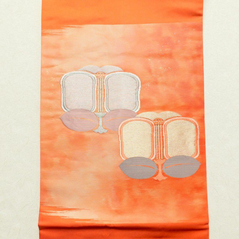 名古屋帯 太鼓柄 良品 正絹 花柄 名古屋仕立て 橙_画像9