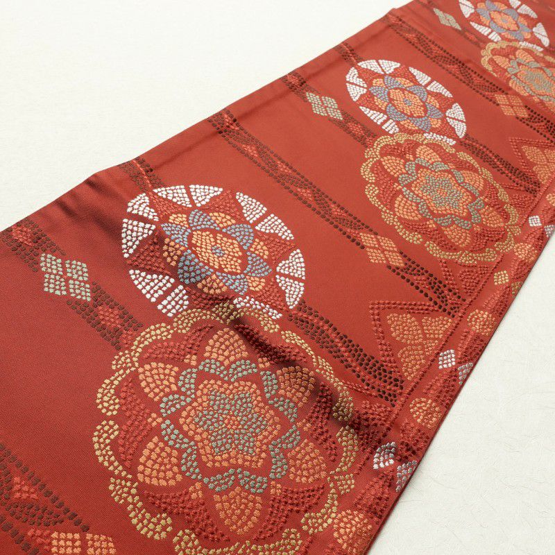 帯反物 良品 ポリエステル 幾何学柄・抽象柄 小豆・エンジ_画像9