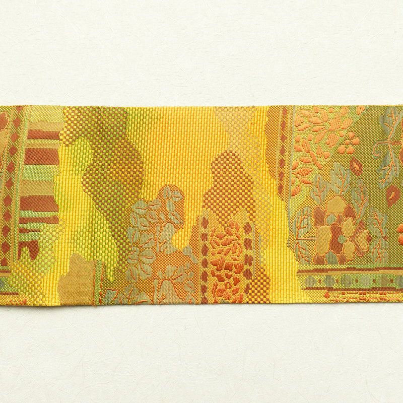 名古屋帯 六通柄 良品 正絹 木の葉・植物柄 名古屋仕立て 黄・黄土色_画像13