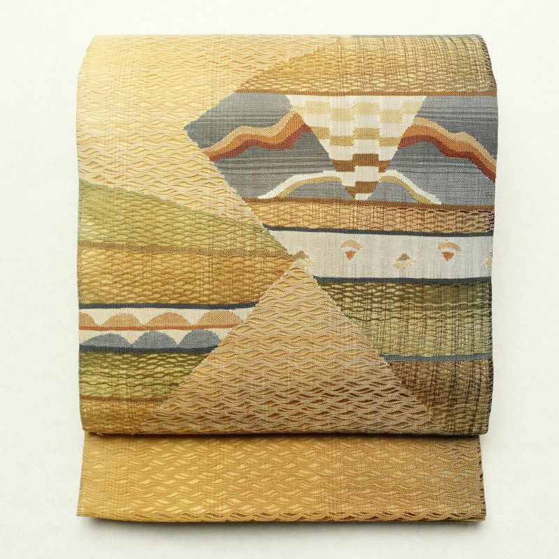 夏用袋帯 太鼓柄 良品 一般用 正絹 幾何学柄・抽象柄 黄・黄土色_画像1