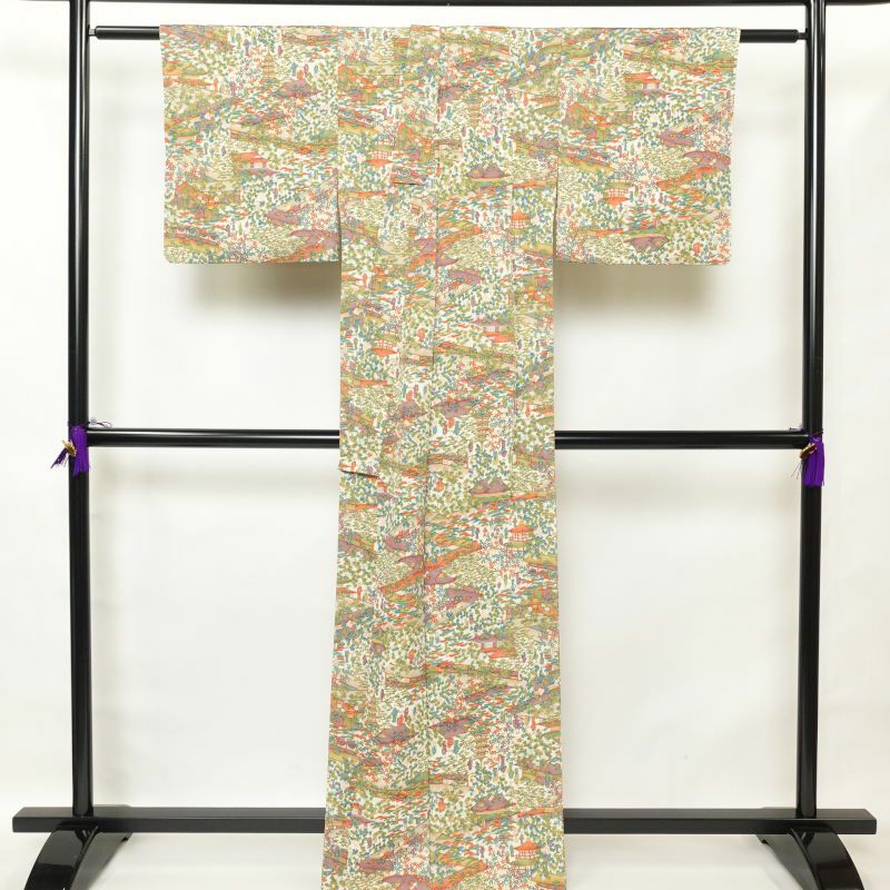 小紋 美品 ちりめん 正絹 風景柄 袷仕立て 多色使い_画像2