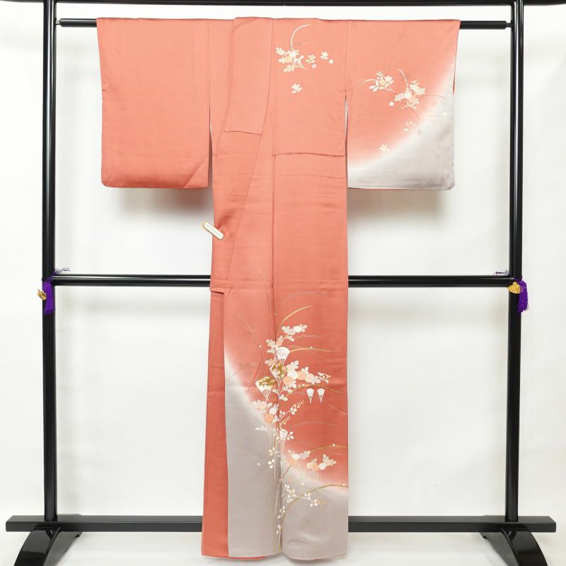 付け下げ 綸子 正絹 古典柄 袷仕立て ピンク_画像2