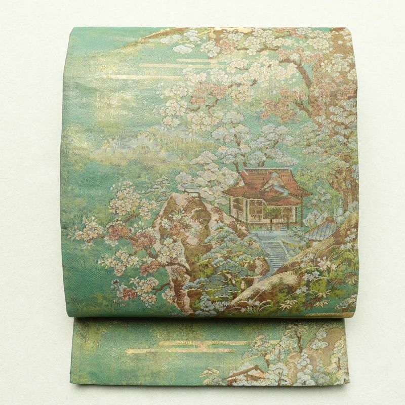 袋帯 奥の細道 松尾芭蕉 六通柄 フォーマル用 正絹 風景柄 緑・うぐいす色_画像1